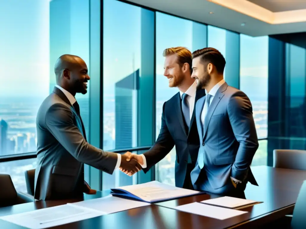 Profesionales de traje discuten en una moderna sala de juntas con vistas a la ciudad, destacando la seriedad de las fusiones y adquisiciones en propiedad intelectual