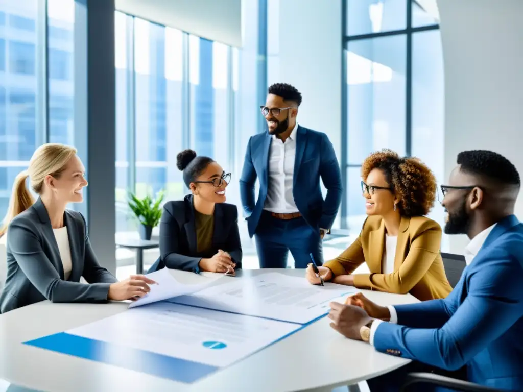 Profesionales colaborando en transferencia de tecnología y propiedad intelectual en una oficina moderna y luminosa