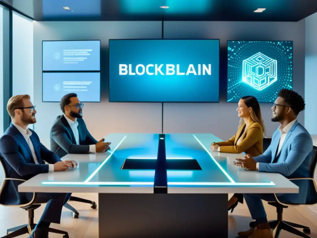 Profesionales debaten apasionadamente sobre ética en el uso de Blockchain en una oficina moderna y futurista