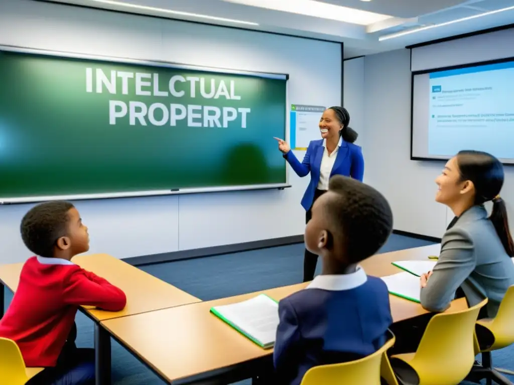 Profesor lidera debate sobre Respeto a la propiedad intelectual con alumnos participando activamente en aula tecnológica