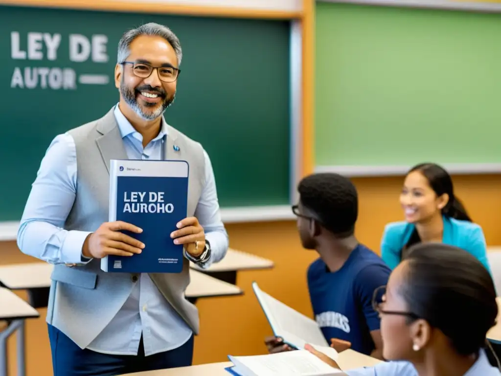 Un profesor enseña la 'Ley de Derecho de Autor' a estudiantes atentos en un aula moderna