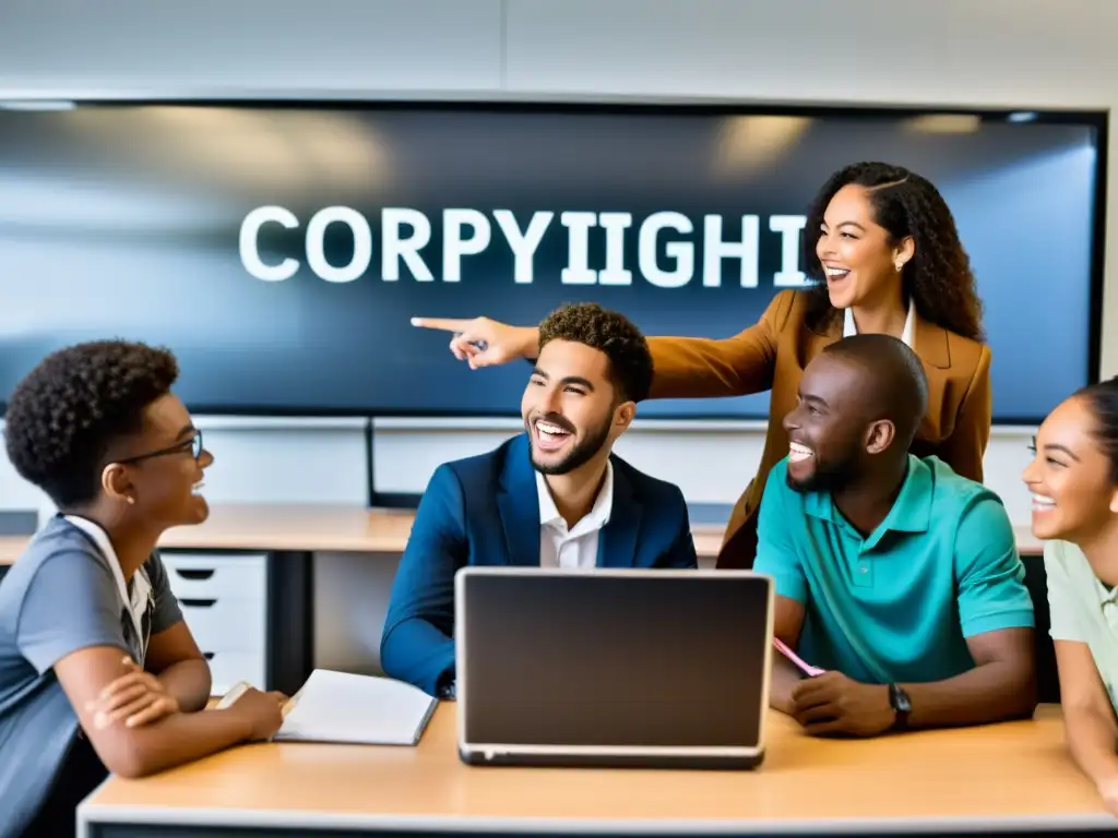 Profesor y estudiantes debaten sobre derechos de autor en plataformas educativas en aula moderna