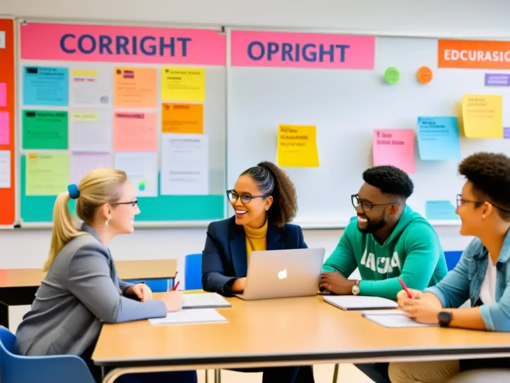 Vibrante debate sobre copyright: estudiantes y educadores en acción Profesor y estudiantes debaten sobre derechos de autor en aula llena de vitalidad y colaboración