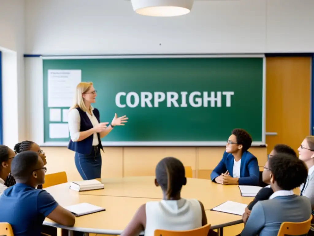 Profesor y estudiantes discuten sobre derechos de autor en educación en aula iluminada