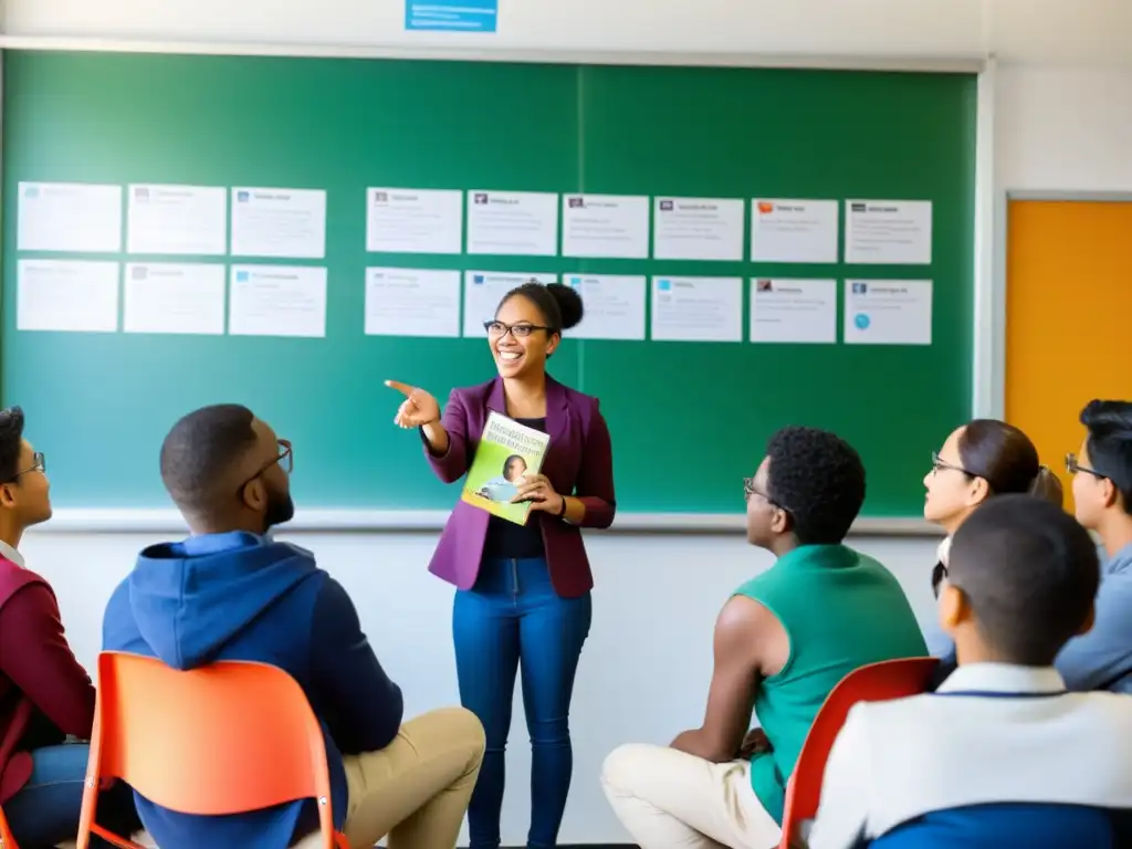 Debate en clase sobre derechos de autor Profesor y estudiantes discuten leyes de copyright en instituciones educativas respeto derechos autor, reflejando concentración y curiosidad