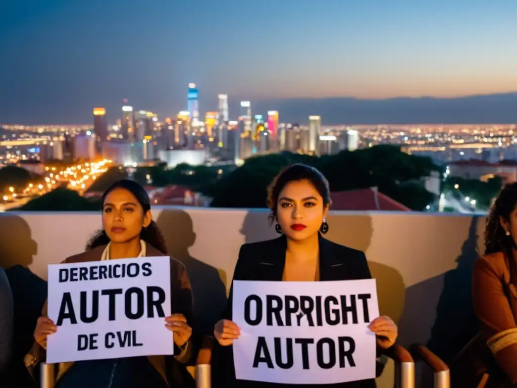 Protesta de cineastas y escritores contra la censura y por los derechos de autor, con ciudad de fondo