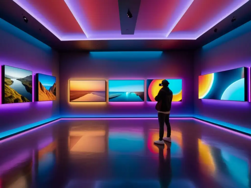 Protocolos de seguridad en NFTs: Galería de arte digital en 8K con obras vibrantes y dinámicas, iluminación atmosférica y espectadores asombrados