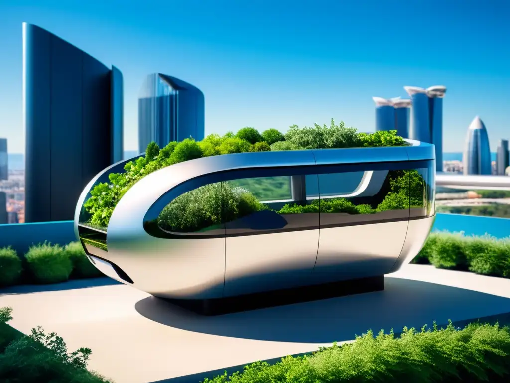 Prototipo de tecnología ambiental futurista con integración de vegetación en entorno urbano moderno