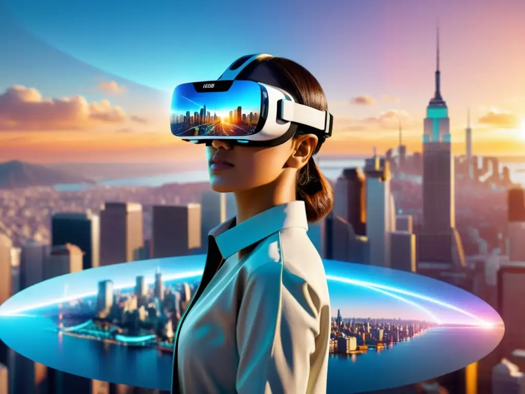 Realidad aumentada: Datos de marketing en la ciudad Una proyección holográfica futurista de realidad virtual se fusiona con el mundo físico, mostrando datos de marketing en una ciudad