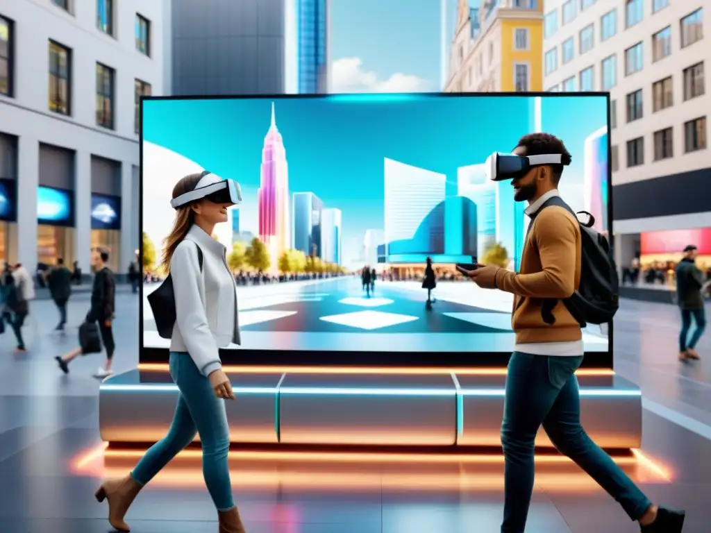 Publicidad holográfica en ciudad futurista con realidad aumentada y riesgos legales publicidad realidad aumentada