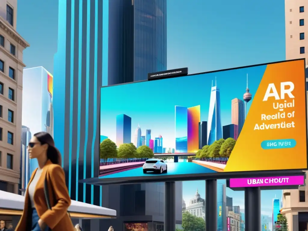 Publicidad de realidad aumentada con elementos holográficos interactuando en la ciudad, mostrando riesgos legales