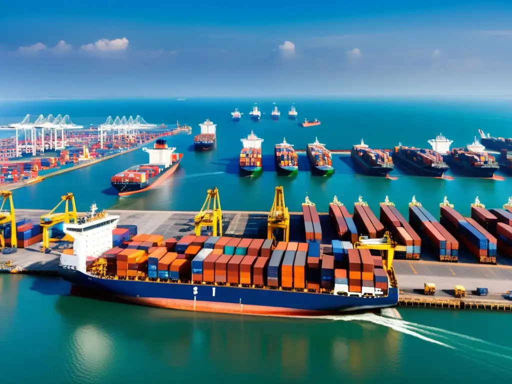 Un puerto de comercio internacional bullicioso, con inspecciones aduaneras y movimiento de mercancías, destacando la lucha contra la falsificación en el comercio internacional y la propiedad intelectual