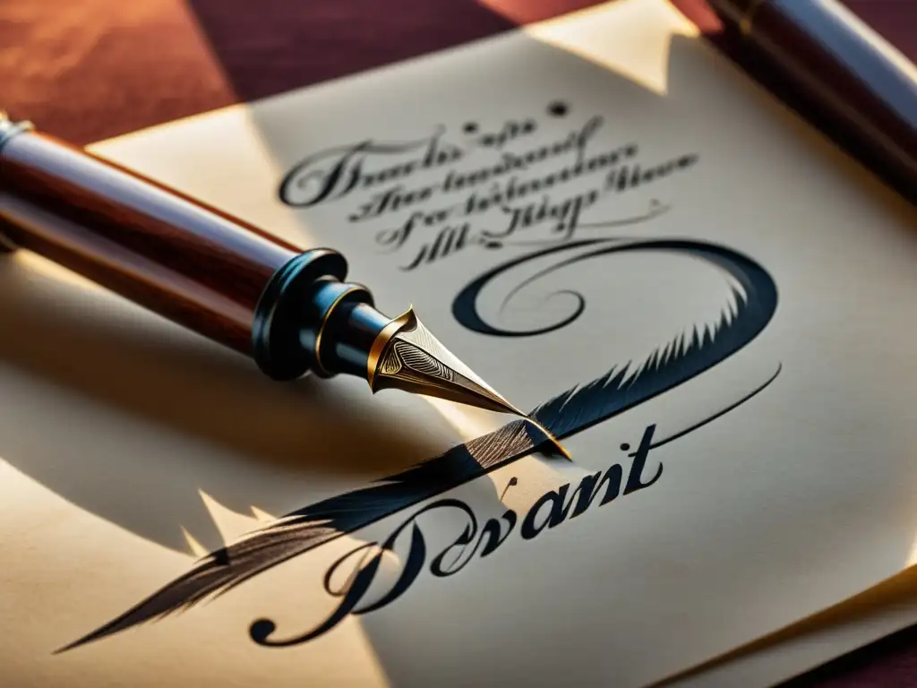Un quill pen meticuloso redacta caligrafía elegante en un pergamino, mostrando la protección de obras literarias según la Convención de Berna