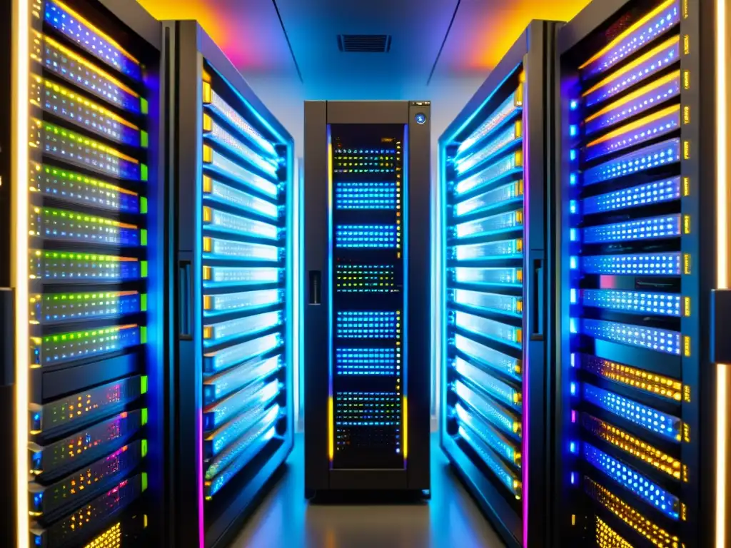 Un rack de servidores moderno y ordenado con luces LED vibrantes, creando una atmósfera futurista y avanzada