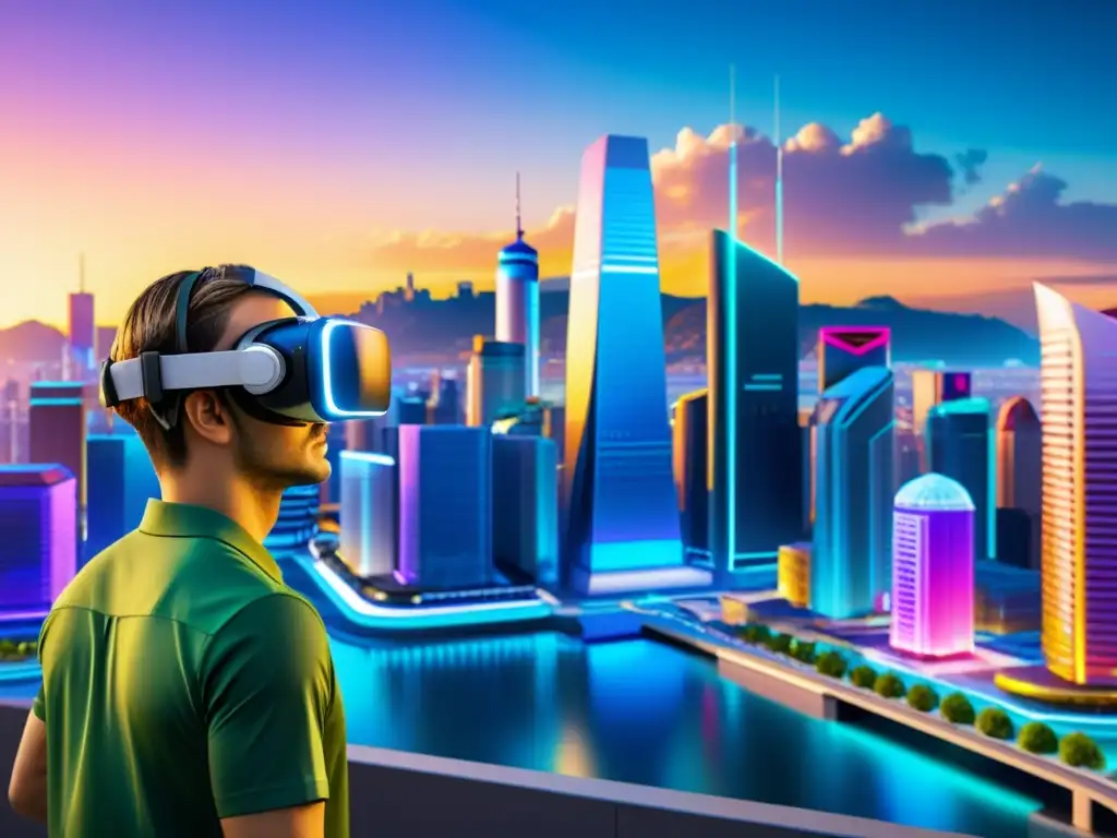 Simulación de realidad virtual de una ciudad futurista con detalles intrincados, avatares realistas y tecnología avanzada