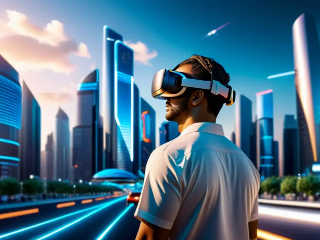 Simulación de realidad virtual con ciudad futurista llena de rascacielos brillantes y alta tecnología