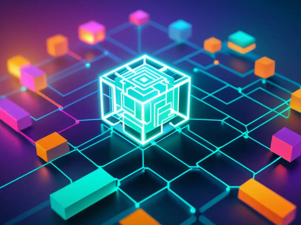 Una red blockchain detallada con bloques de propiedad intelectual en colores futuristas