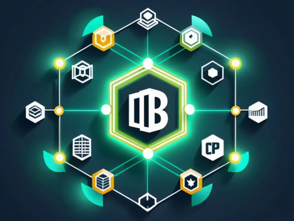 Una red blockchain futurista entrelazada con símbolos de propiedad intelectual, transmitiendo seguridad y protección