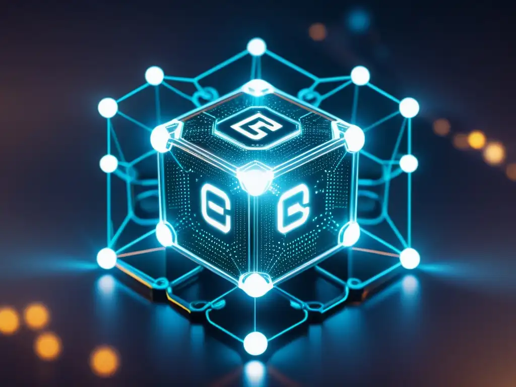 Una red blockchain futurista y transparente con nodos interconectados y líneas de código brillantes, transmitiendo seguridad digital
