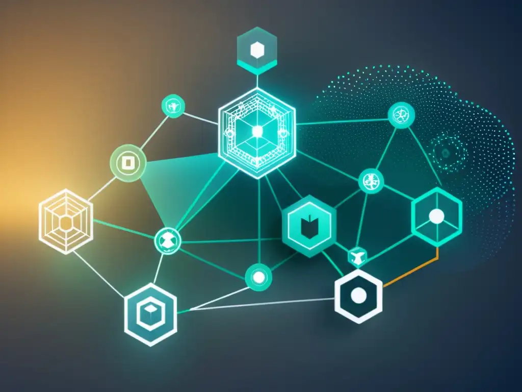 Una red blockchain futurista y transparente con nodos e bloques de datos interconectados, superpuestos con documentos legales y símbolos de copyright, mostrando la integración de la tecnología blockchain y la ley de propiedad intelectual