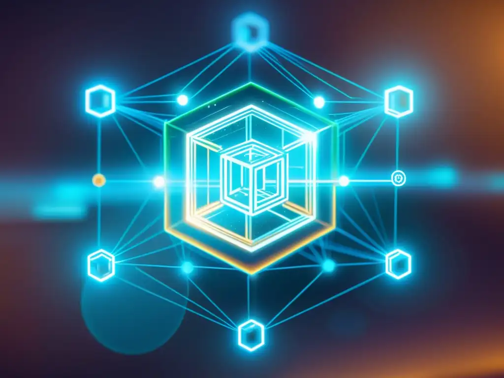 Red de blockchain en propiedad intelectual: tecnología futurista y moderna con nodos interconectados y brillo neon