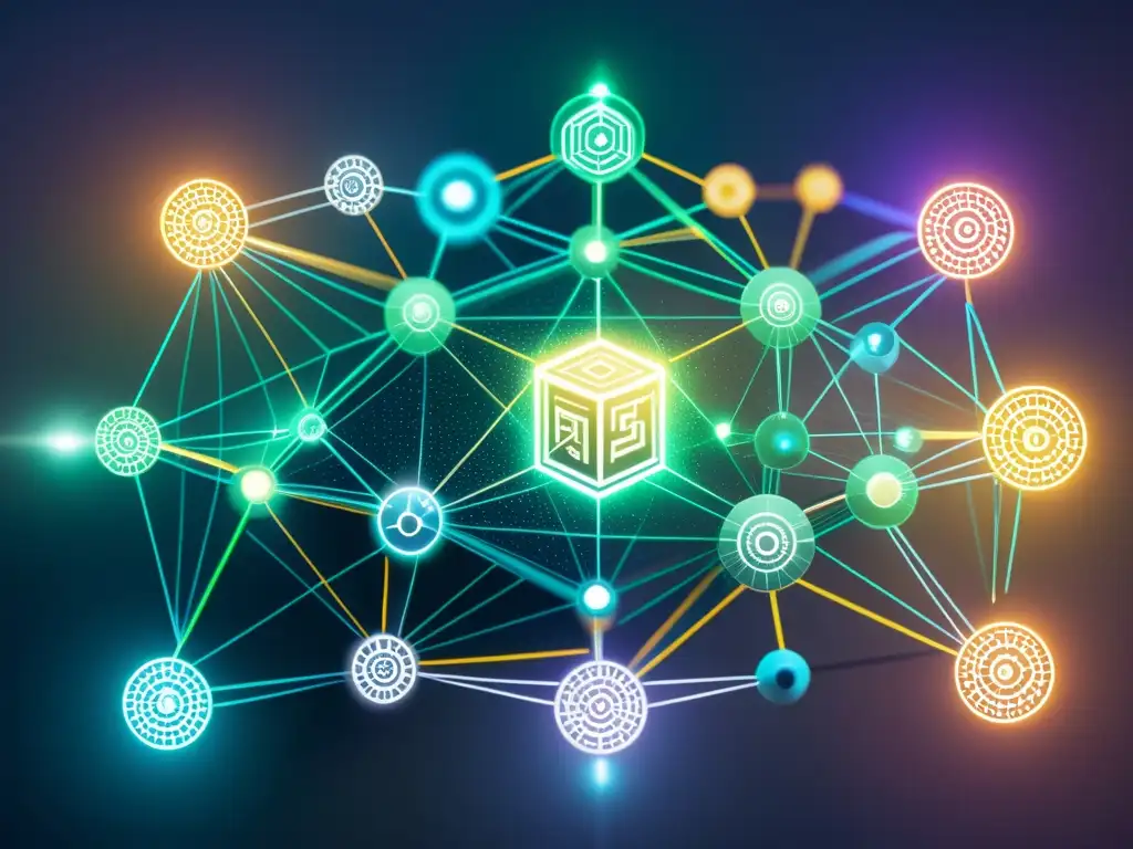 Una red blockchain transparente y futurista con nodos interconectados y datos fluyendo entre ellos, representando auditorías de propiedad intelectual con blockchain en un paisaje digital eficiente y preciso