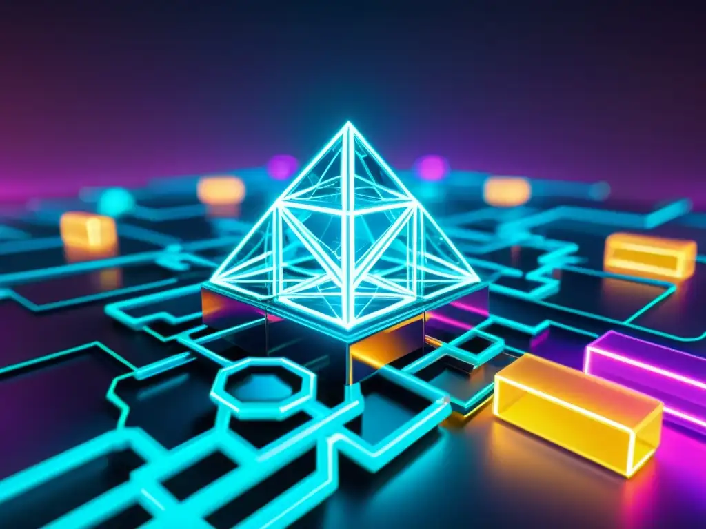 Una red blockchain transparente y futurista con cerraduras y llaves digitales flotando en un espacio virtual, iluminada con colores neón vibrantes y patrones intrincados, representando la compleja y segura naturaleza de la tecnología blockchain