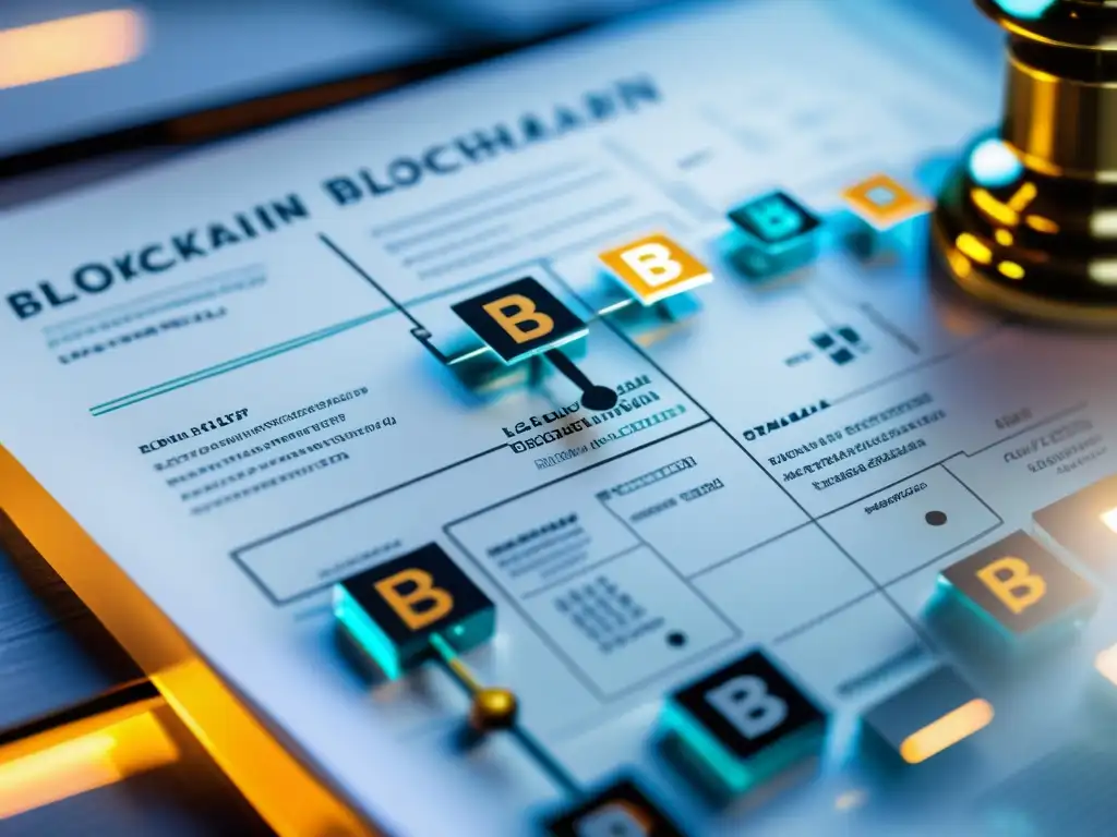 Una red blockchain transparente superpuesta a documentos legales y símbolos de propiedad intelectual