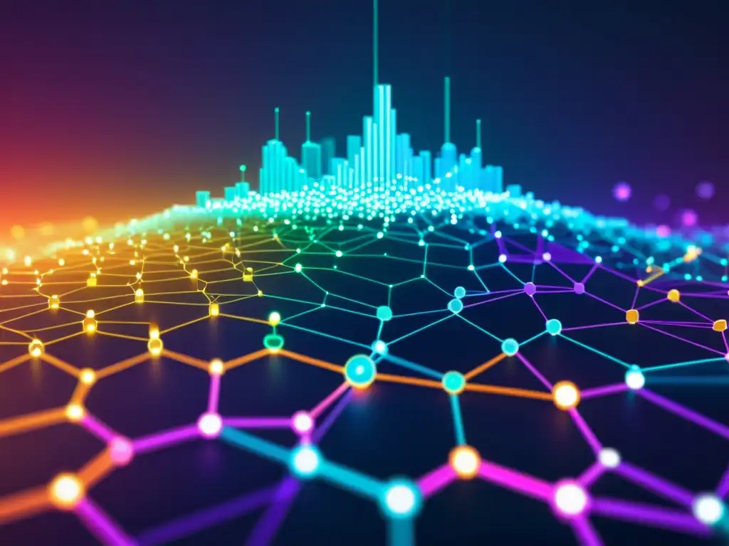 Red de bloques con nodos interconectados, emitiendo datos luminosos