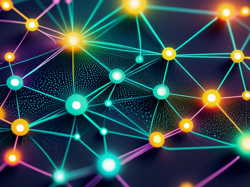 Red de datos interconectada, con nodos iluminados en tonos futuristas, reflejando complejidad y uso de big data en propiedad intelectual