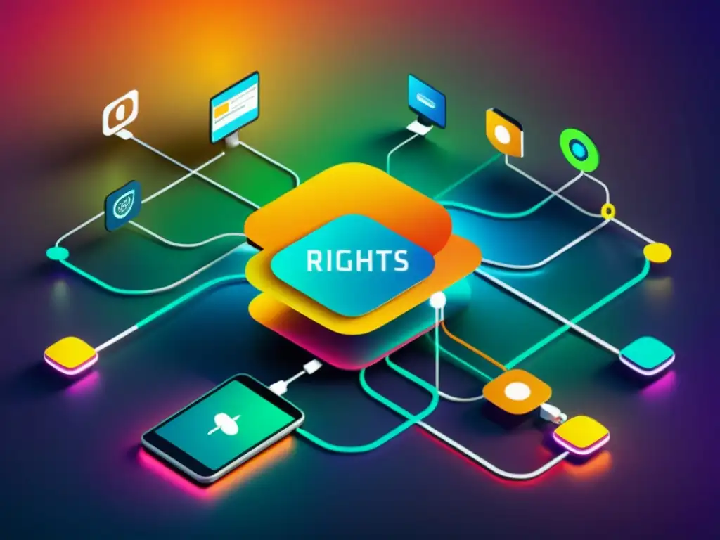 Una red futurista de dispositivos digitales entrelazados, ilustrando la complejidad de la gestión de derechos digitales en el contexto del Big Data