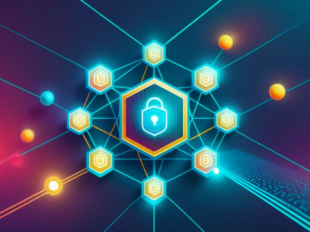 Red blockchain futurista con nodos brillantes conectados por datos, protegidos por símbolos de candado virtual