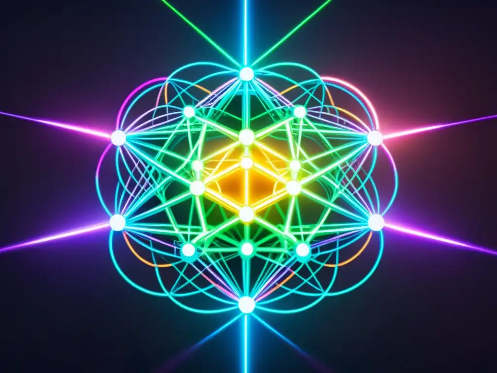 Una red futurista de nodos interconectados en vibrantes colores neón, representando la automatización de licencia de derechos de autor