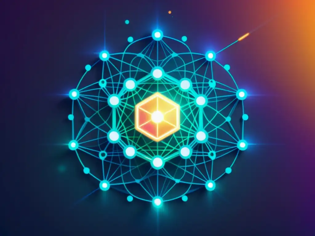 Una red futurista de nodos interconectados con colores vibrantes, evocando la protección de ideas en IA