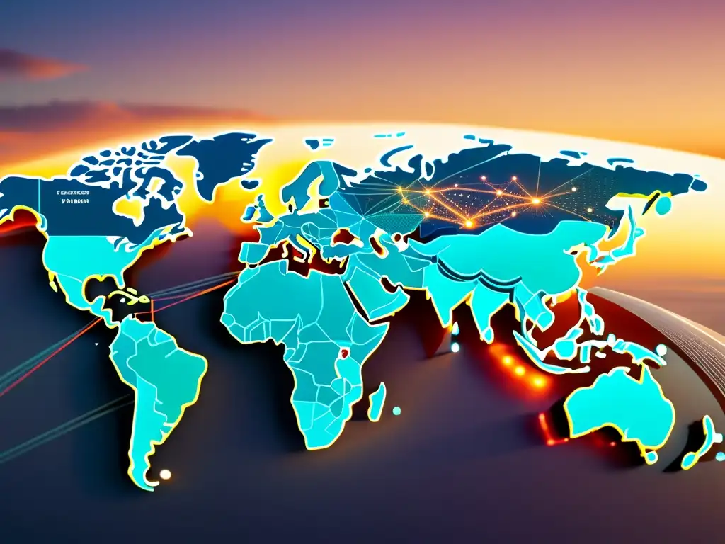 Una red global de suministro de alta tecnología muestra la complejidad y eficiencia de las cadenas globales, resaltando la protección de la propiedad intelectual