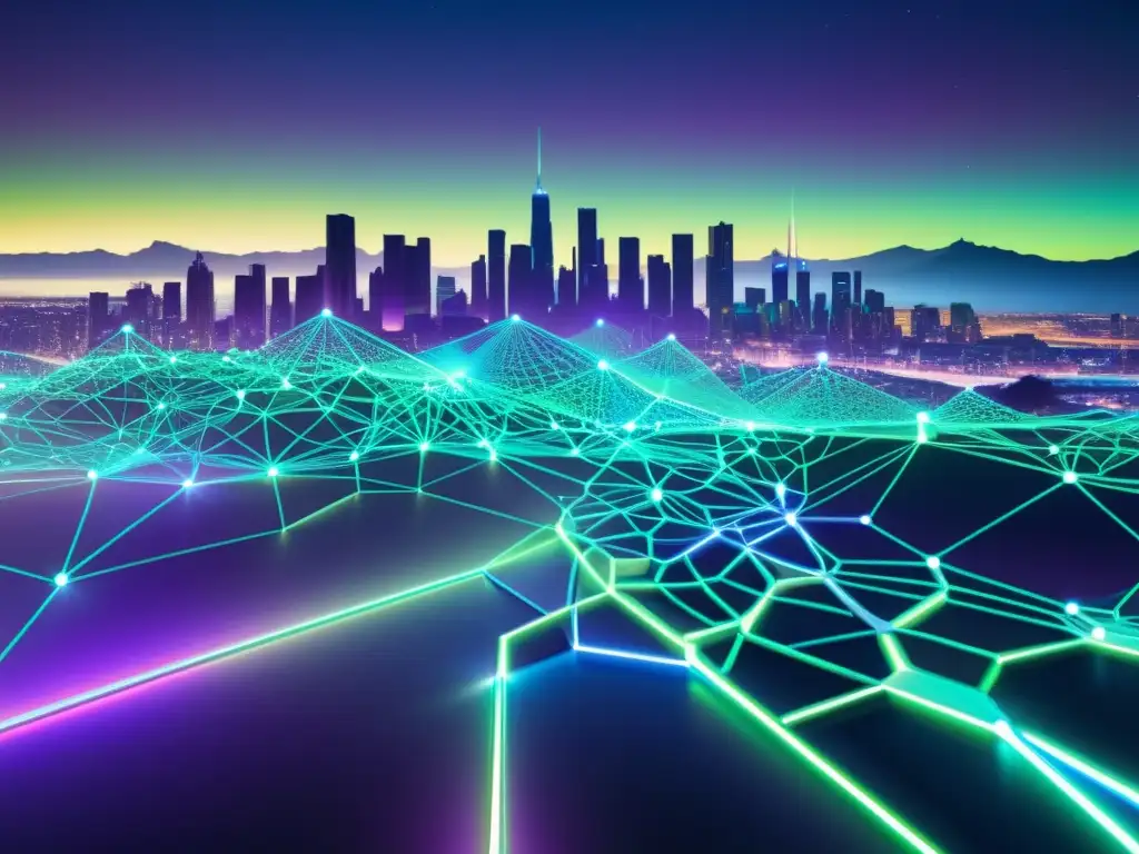 Una red neural futurista que evoca una vibrante ciudad nocturna, con un espectro de colores eléctricos y patrones de datos brillantes