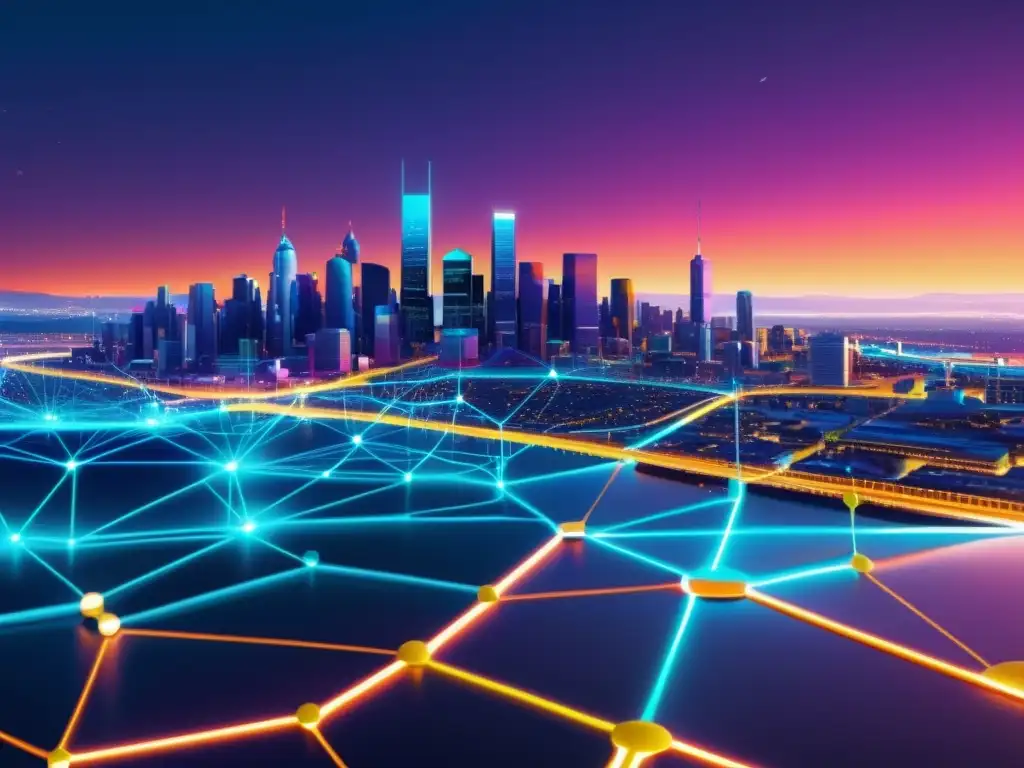 Una red neural futurista y vibrante, como una ciudad nocturna, ilustra la generación de obras complejas por inteligencia artificial