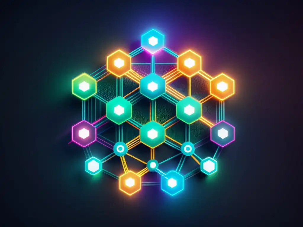 Red de nodos blockchain interconectados, brillando con colores neón en un fondo oscuro