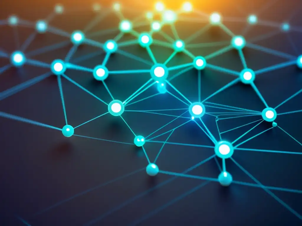 Una red segura de propiedad intelectual, representada por nodos interconectados y líneas futuristas brillantes en tonos de azul y plata