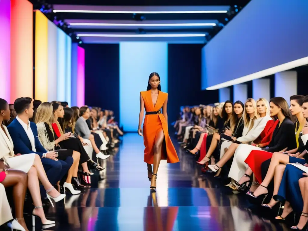 Registro de marcas en tendencias de moda: Desfile de moda con modelos luciendo diseños trendy en una pasarela dinámica y moderna
