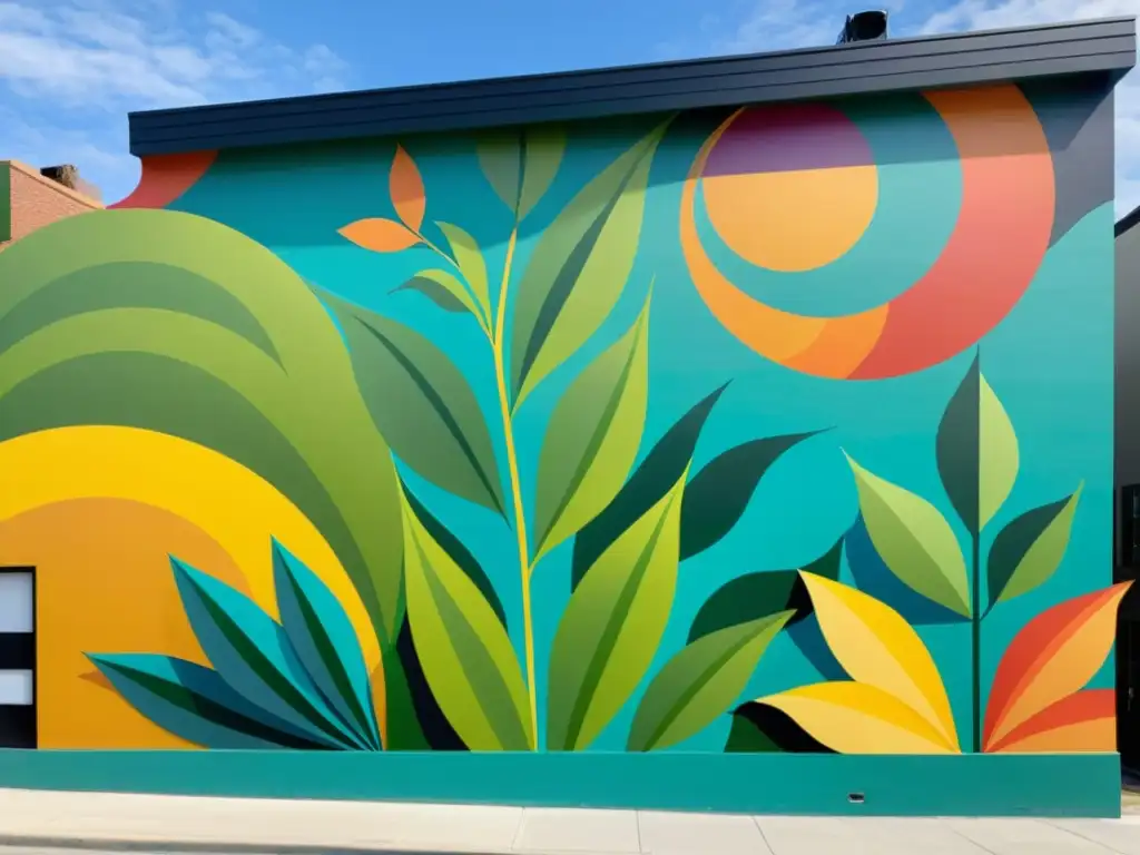 Registro de obra arte efímero: impresionante mural callejero vibrante con diseño dinámico de flora y fauna en colores intensos y patrones geométricos