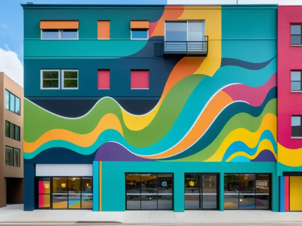 Registro de obra arte efímero: Impactante mural moderno con formas y colores vibrantes que se entrelazan en un dinámico y colorido diseño