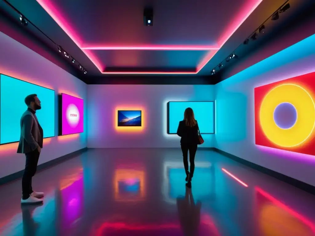 Registro obras arte digital NFTs en galería futurista con exhibiciones interactivas y luces LED multicolores