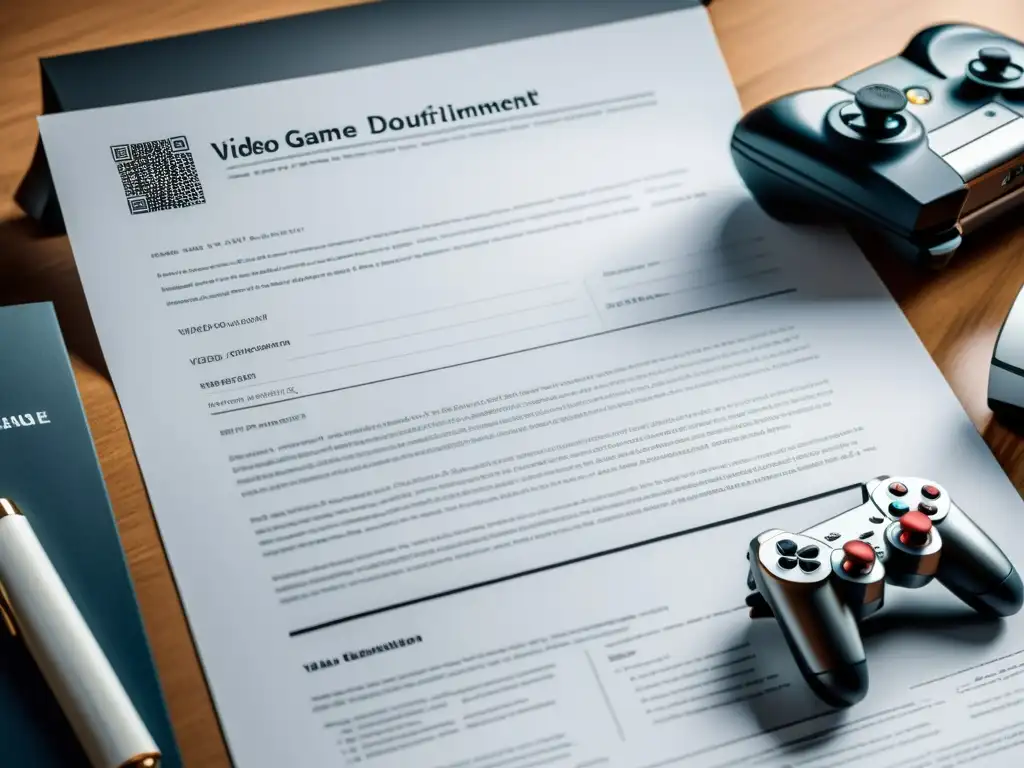 Registro de patentes en videojuegos: Detallada imagen 8k de un documento legal con dibujos de patentes, rodeado de dispositivos digitales y consolas de videojuegos, mostrando la complejidad de las restricciones en la industria del gaming