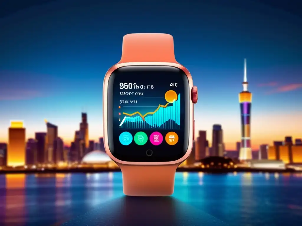 Un reloj inteligente moderno muestra gráficos de derechos de propiedad intelectual sobre un fondo de ciudad tecnológica futurista de noche