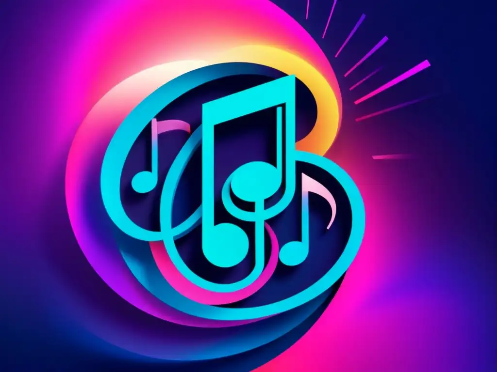 Un remolino de notas musicales y símbolos digitales en tonos neón, representando la evolución de los derechos de autor en plataformas musicales