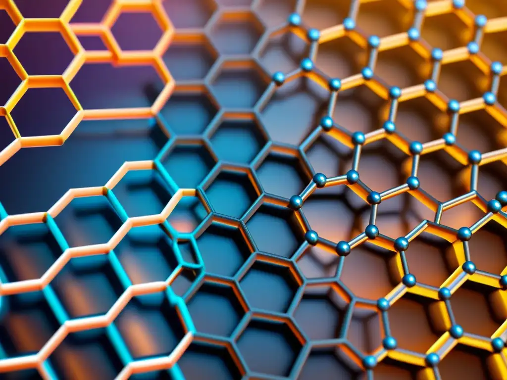 Una representación detallada y colorida de una estructura de grafeno a escala nanométrica, resaltando su disposición hexagonal y detalles atómicos