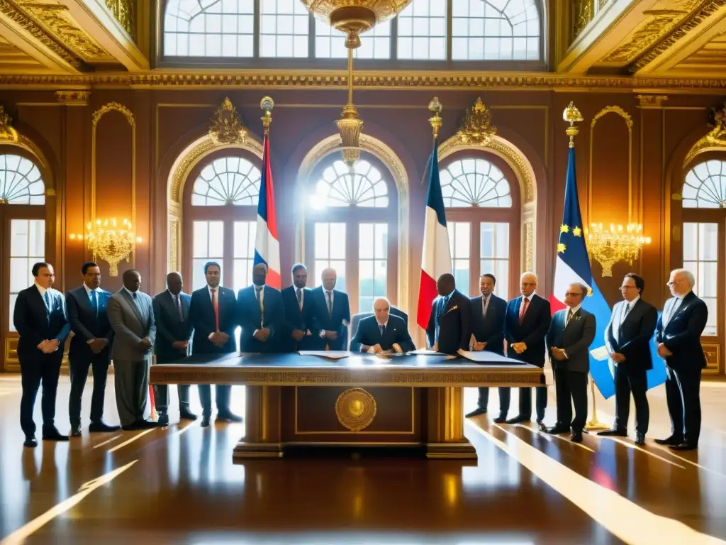 Representantes de varios países firmando la Convención de París protección propiedad industrial en una majestuosa sala con luz solar dramática