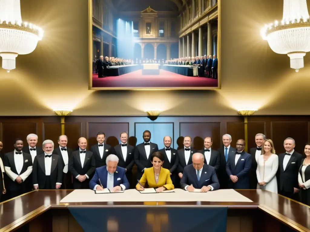 Representantes firmando el Tratado de Locarno en una lujosa sala, exudando importancia histórica y cooperación internacional