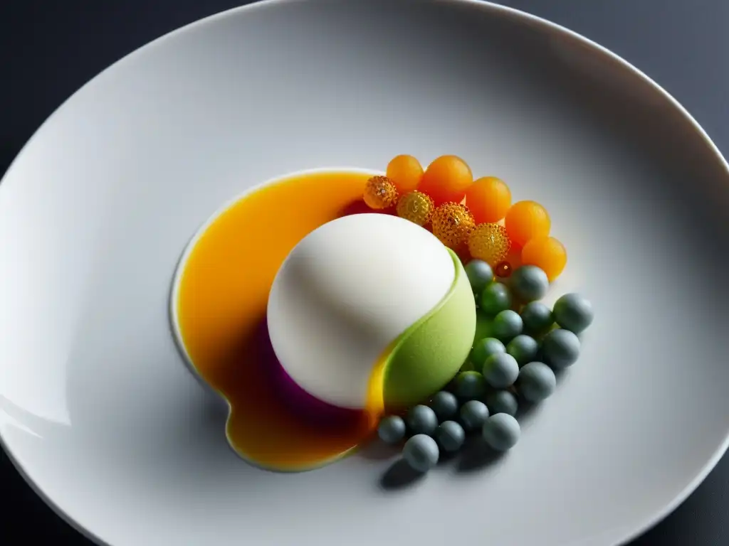 Una fotografía de alta resolución de un plato de gastronomía molecular, con presentación vanguardista y enfoque en la tecnología culinaria